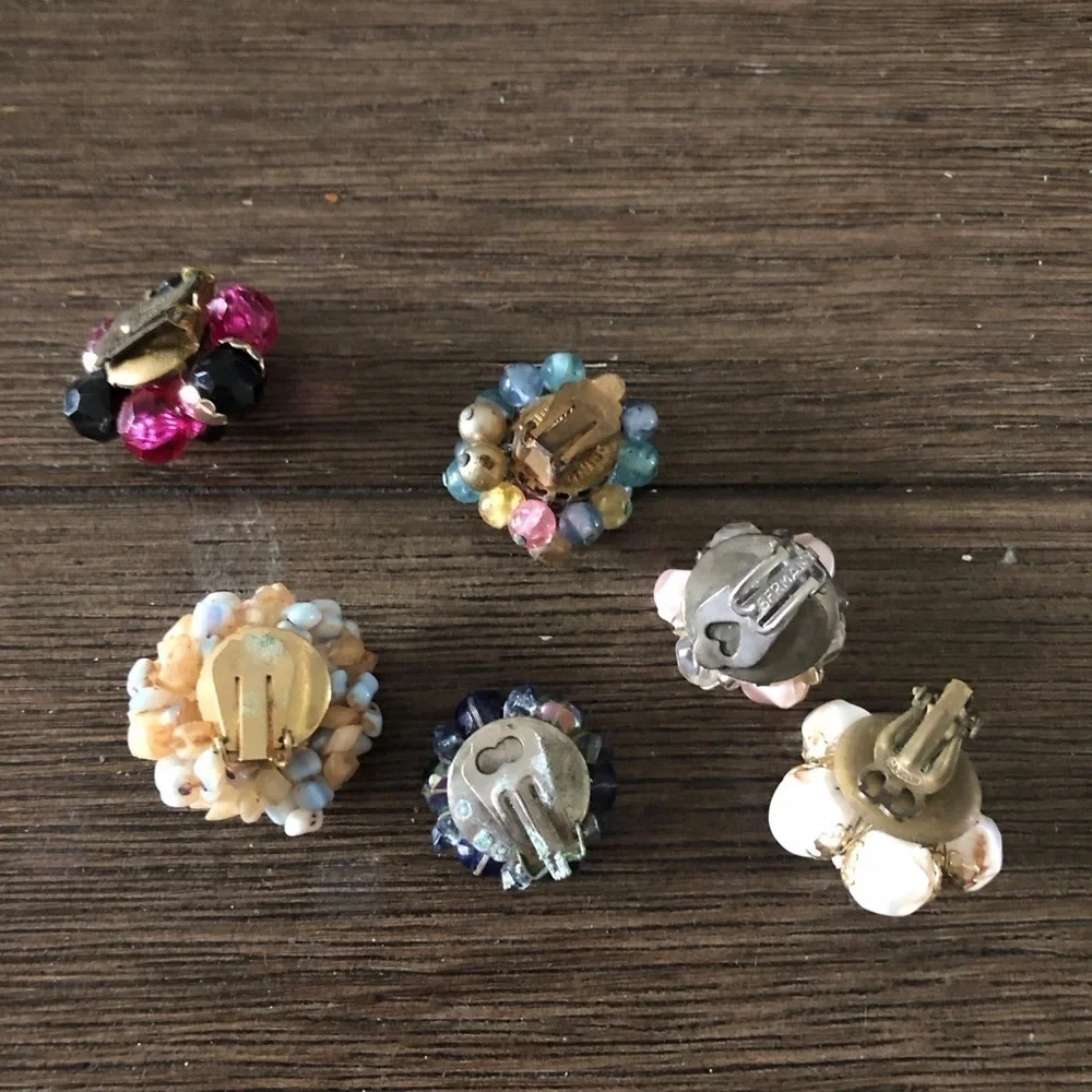 Vintage single beaded clip on earrings set of 6